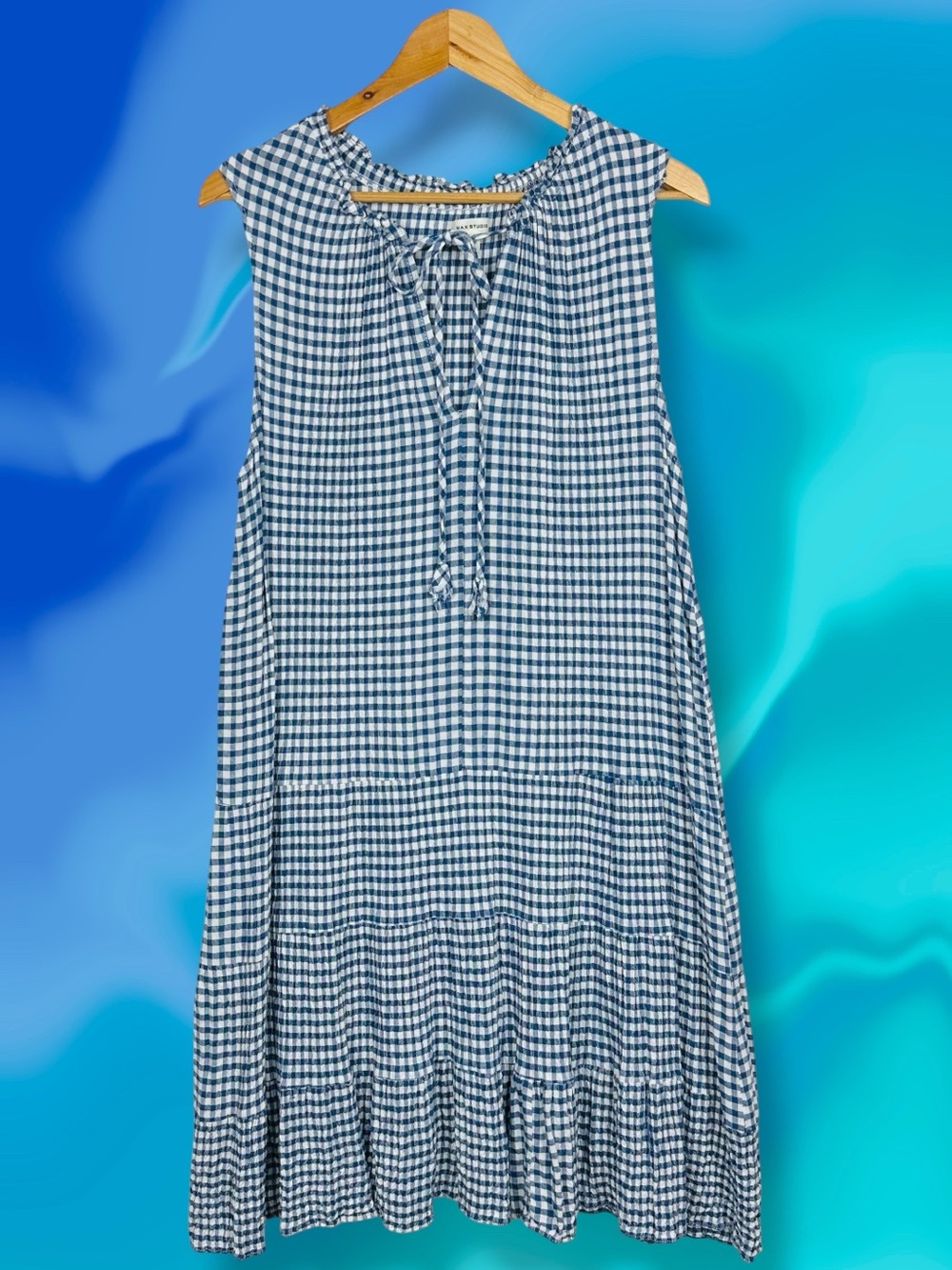 Max Studio Gingham Ruffle Tiered Sleeveless Tie V Neck Stretchy Gauze Dress 2X